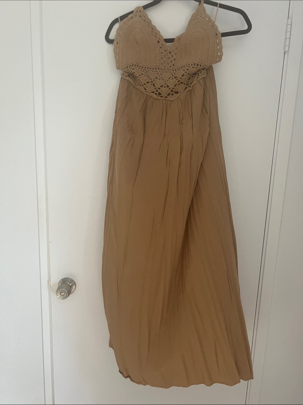 Crochet-Bodice Maxi Skirt in Tan